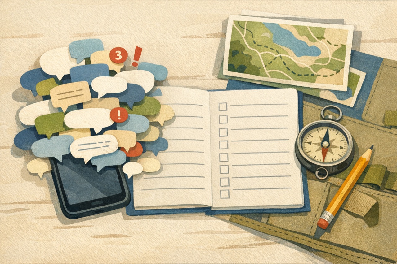 Editorial illustration of a phone buried under message bubbles beside a blank planning notebook, map, and compass.