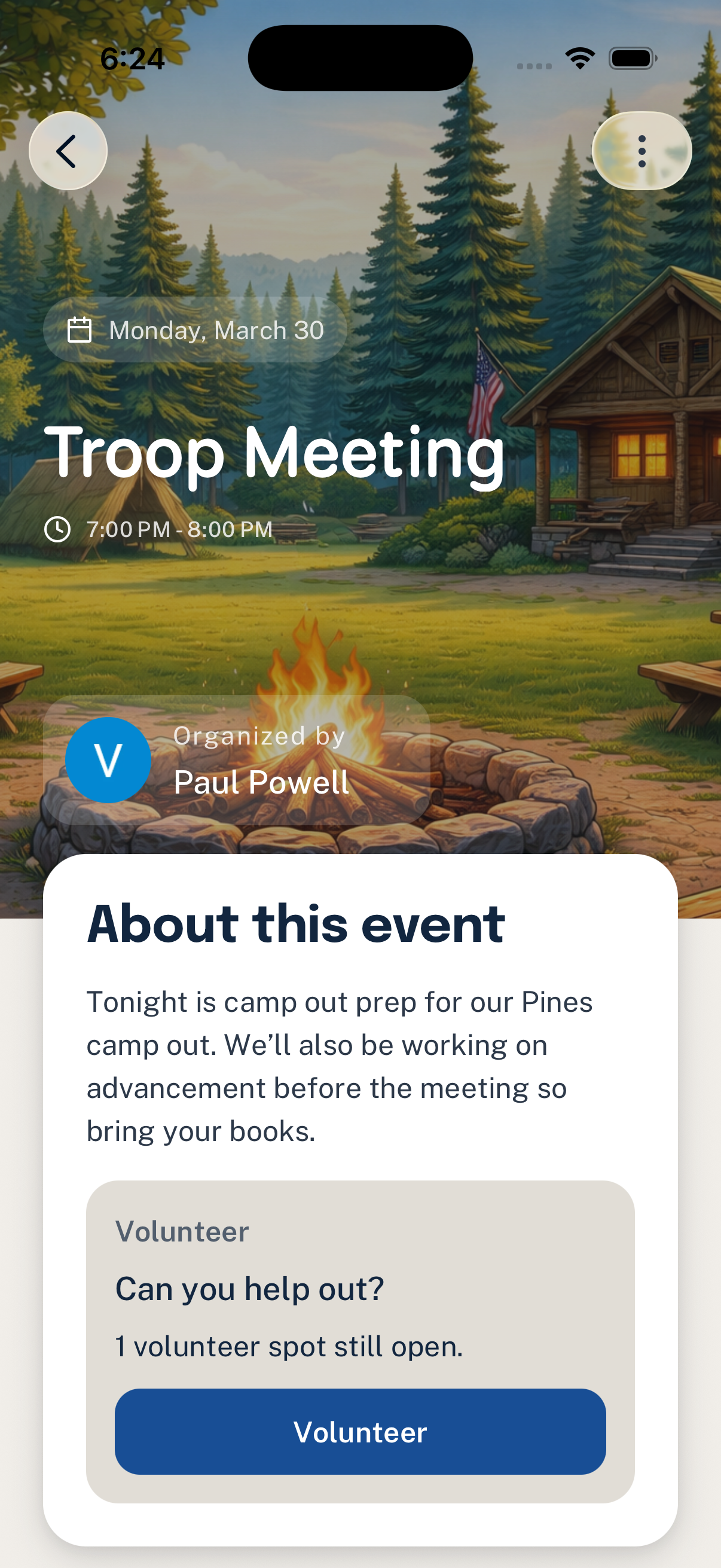 Woggle event detail screen showing event overview, organizer details, and volunteer request sections.
