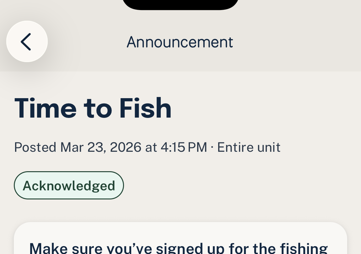 Woggle announcement screen with a posted update and acknowledgement state