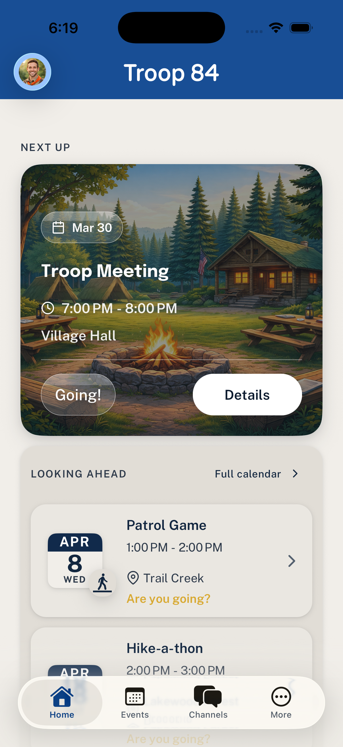Woggle mobile home screen showing an upcoming troop meeting and the next events.