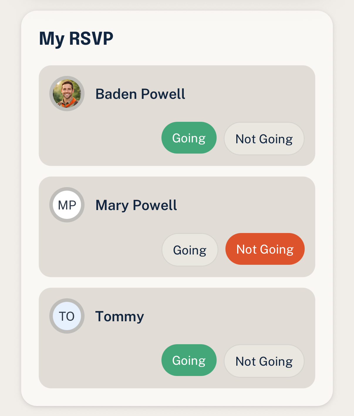 Woggle family RSVP component with household members and response buttons