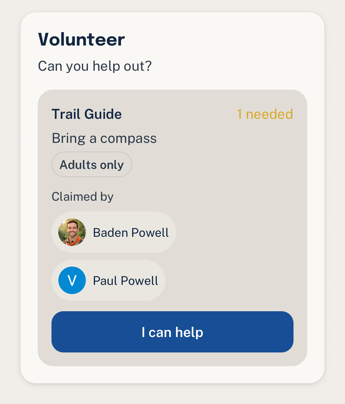 Woggle volunteer component showing a role, claims, and the call to help